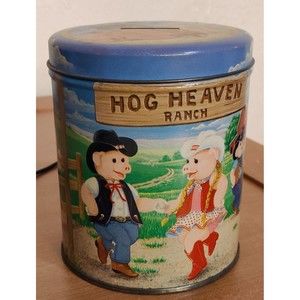 Metal Tin Piggy Bank with scenes from Hog Heaven Ranch Ray Silo Band 5" ht 4" w
